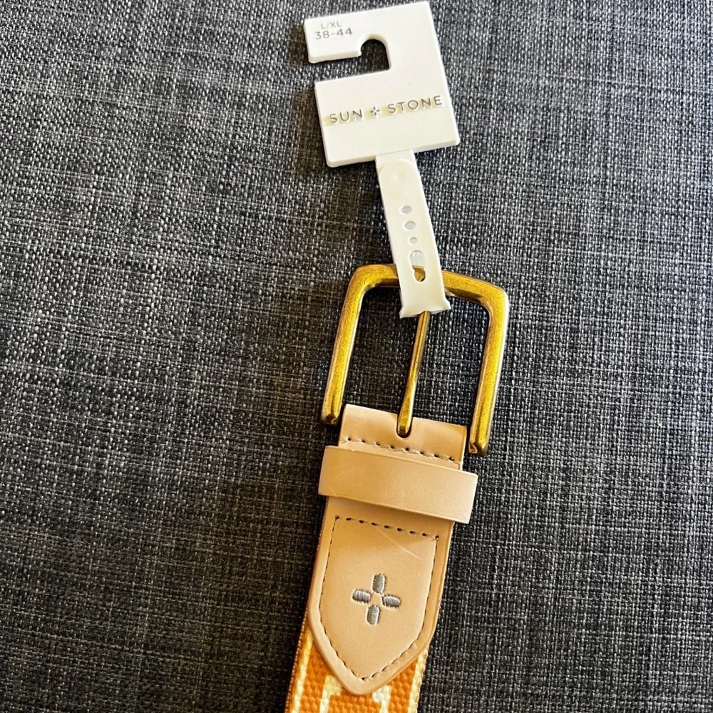 Sun + Stone Belt‎ L/XL 38-44 Mustard Yellow & Cream Woven Geometric Pattern NWT